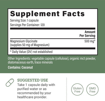 Pure Magnesium Glycinate 500Mg - Chelated Magnesium Supplement, High Absorption Capsules for Sleep, Glicinato De Magnesio with Organic MCT Powder (120 Capsules)