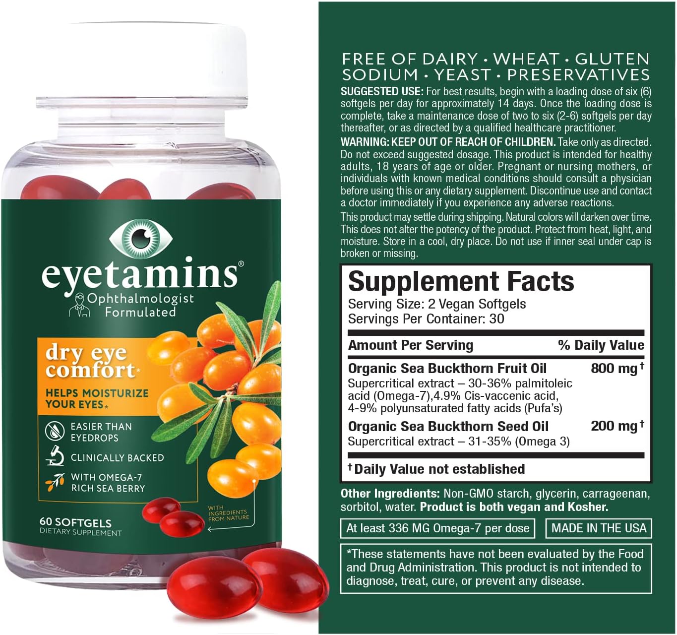 Eyetamins  Dry Eye Comfort - 60 Softgels - Ophthalmologist - Formulated, Natural - Himalayan Sea Buckthorn Oil - Vegan and Non-Gmo Formula