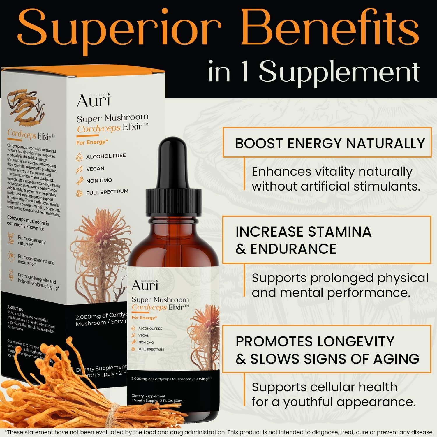 Auri  Super Mushroom Cordyceps Elixir for Stamina, Natural Energy, Youthfulness and Longevity with Full Spectrum Support - Cordyceps Tincture 60 Ml
