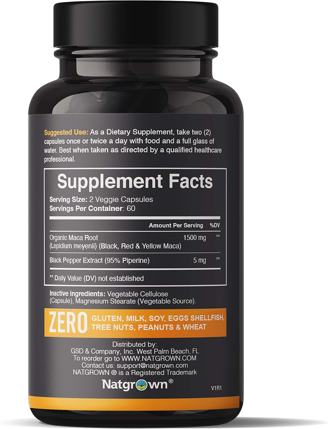 Natgrown  Organic Maca Root Powder Capsules 1500 Mg with Black + Red + Yellow Peruvian Maca Root Extract Supplement for Men and Women - Vegan Pills