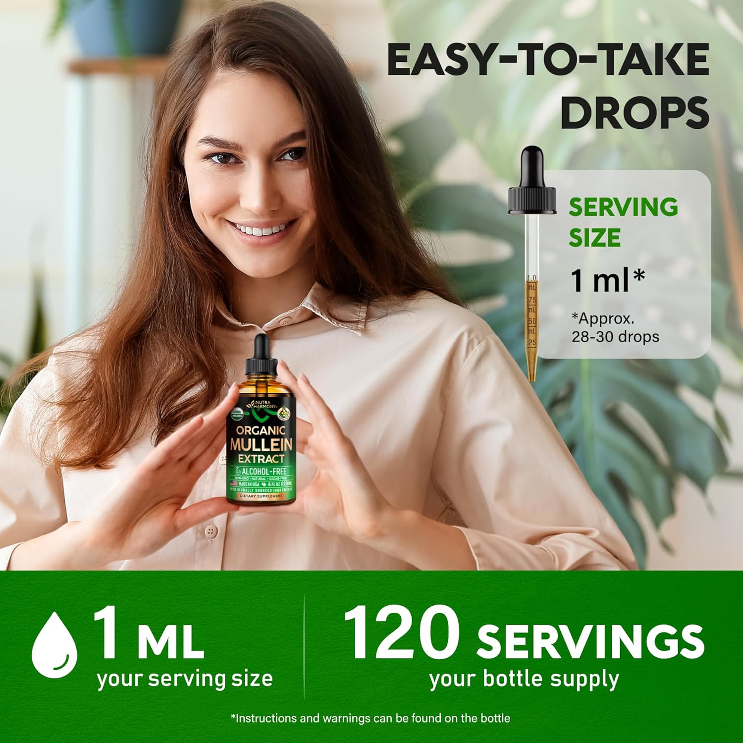 NUTRAHARMONY Mullein Drops for Lungs - USDA Organic Liquid - Mullein Leaf Extract Supplement - Made in USA - Lung & Bronchial Cleanse for Smokers - Respiratory Health Support - as Tincture, Tea, Pills - 4 Fl Oz
