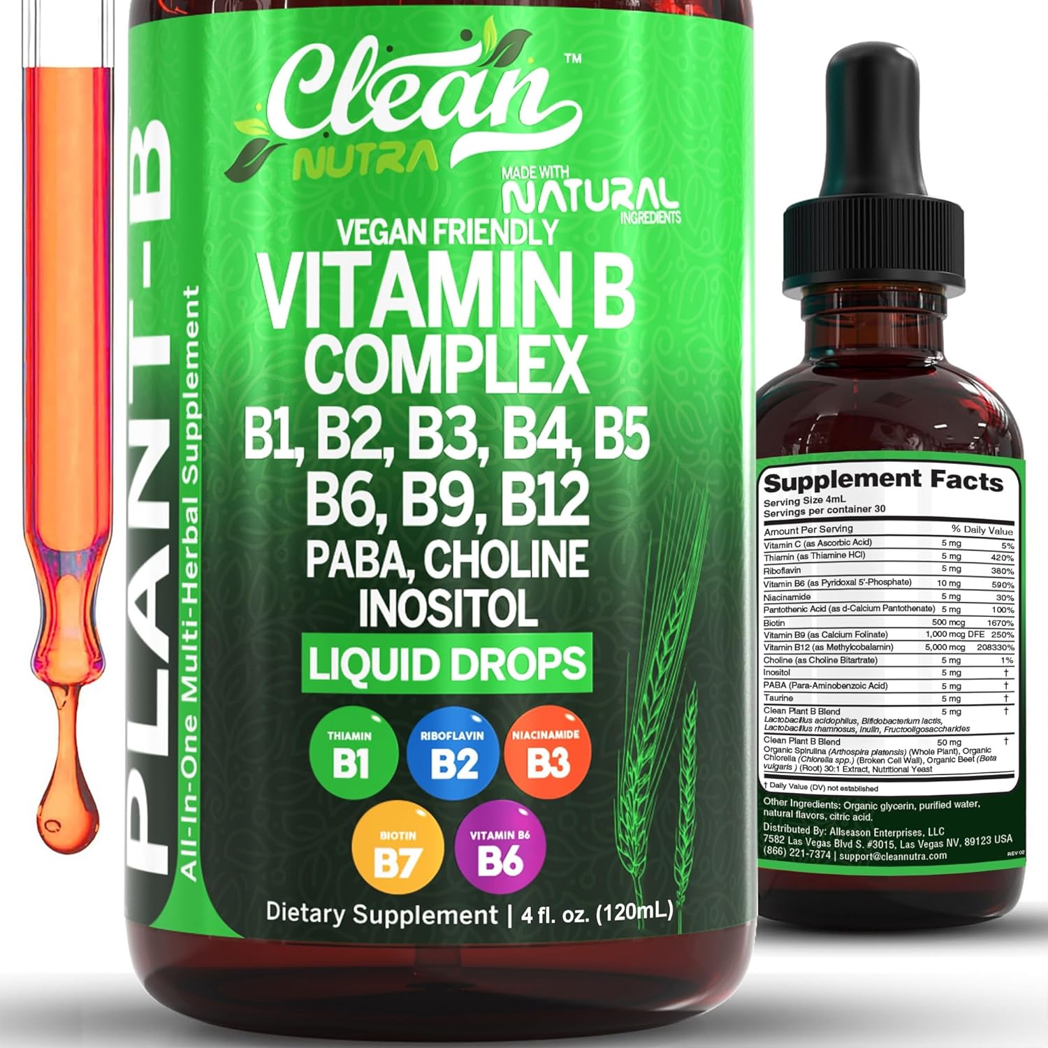 Clean Nutraceuticals  Vitamin B Complex Liquid Drops | Thiamine B1, B6, B2, B3, B4, B5, B7 B9, B12, Niacinamide, Paba, Choline Inositol Taurine Probiotics Beet Root Spirulina - Plant-B Vitamin Supplements by Clean Nutra