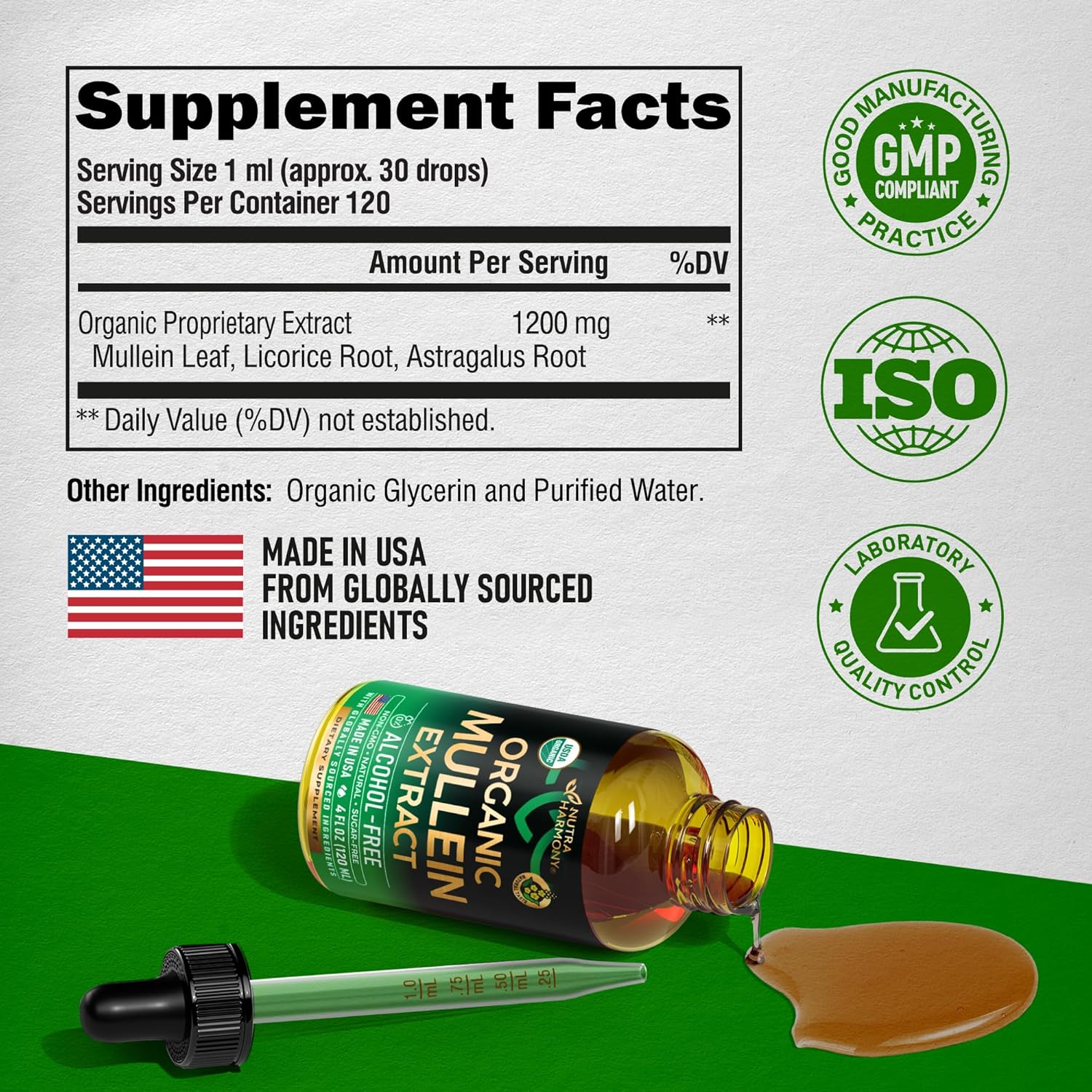 NUTRAHARMONY Mullein Drops for Lungs - USDA Organic Liquid - Mullein Leaf Extract Supplement - Made in USA - Lung & Bronchial Cleanse for Smokers - Respiratory Health Support - as Tincture, Tea, Pills - 4 Fl Oz