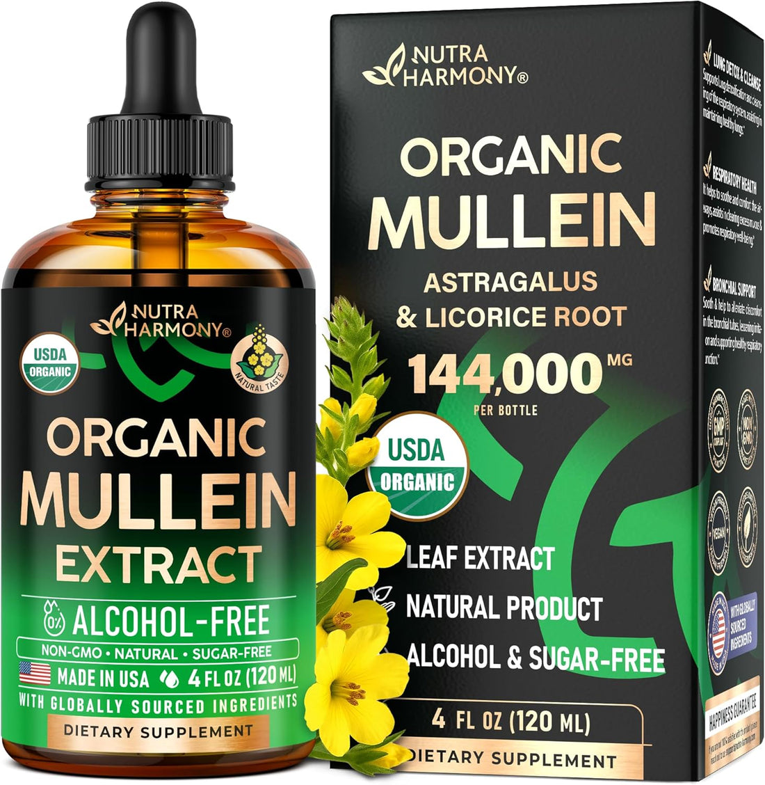 NUTRAHARMONY Mullein Drops for Lungs - USDA Organic Liquid - Mullein Leaf Extract Supplement - Made in USA - Lung & Bronchial Cleanse for Smokers - Respiratory Health Support - as Tincture, Tea, Pills - 4 Fl Oz