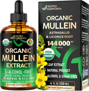 NUTRAHARMONY Mullein Drops for Lungs - USDA Organic Liquid - Mullein Leaf Extract Supplement - Made in USA - Lung & Bronchial Cleanse for Smokers - Respiratory Health Support - as Tincture, Tea, Pills - 4 Fl Oz
