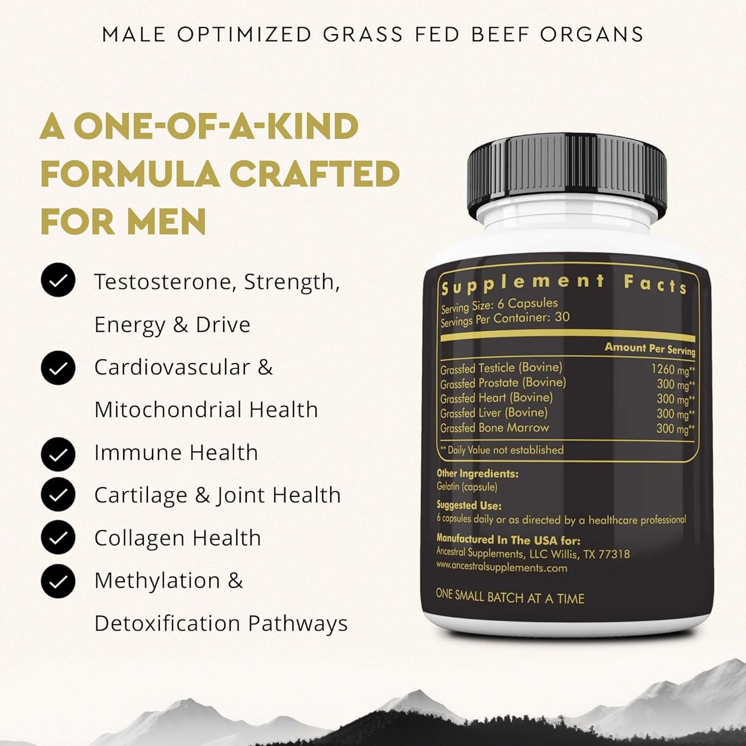 Ancestral  Mofo, Supplements for Men, Support for Energy Levels and Overall Men'S Health and Wellness, Non-Gmo Grass Fed Beef Organ Supplement with Liver, No Fillers, 180 Capsules