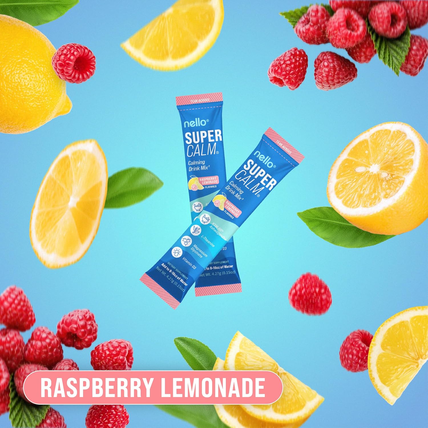 Supercalm Powdered Drink Mix, Raspberry Lemonade, L Theanine, Ksm-66 Ashwagandha, Magnesium Glycinate, Vitamin D 3, Supplements for Relaxation & Focus, No Sugar, Non GMO, on the Go, 20 Ct
