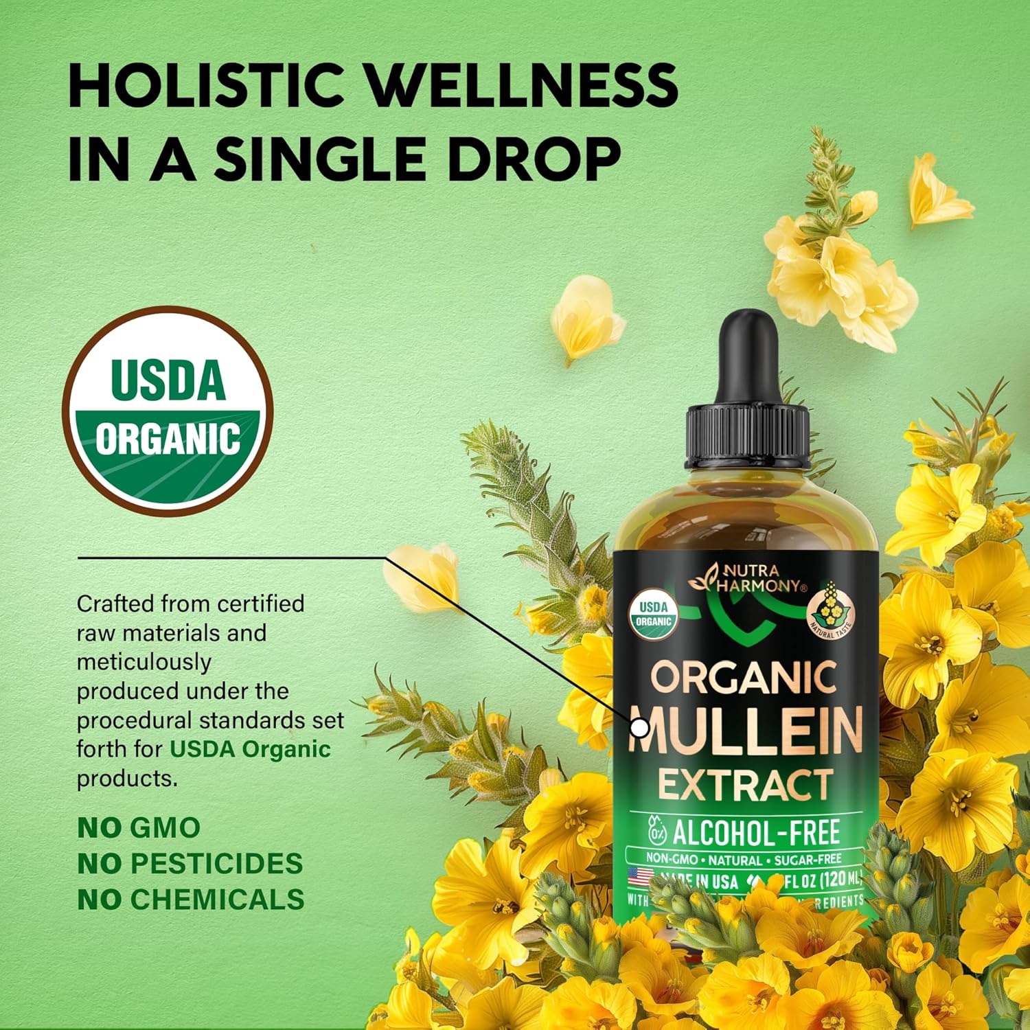NUTRAHARMONY Mullein Drops for Lungs - USDA Organic Liquid - Mullein Leaf Extract Supplement - Made in USA - Lung & Bronchial Cleanse for Smokers - Respiratory Health Support - as Tincture, Tea, Pills - 4 Fl Oz
