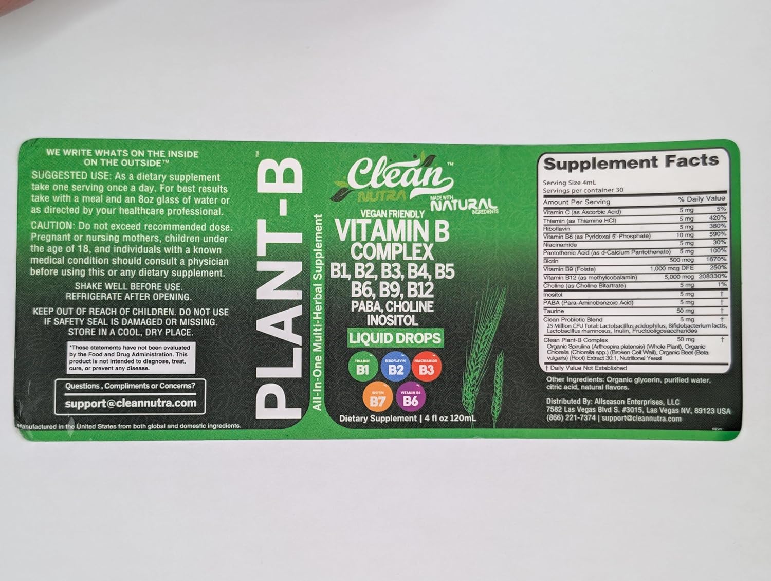 Clean Nutraceuticals  Vitamin B Complex Liquid Drops | Thiamine B1, B6, B2, B3, B4, B5, B7 B9, B12, Niacinamide, Paba, Choline Inositol Taurine Probiotics Beet Root Spirulina - Plant-B Vitamin Supplements by Clean Nutra