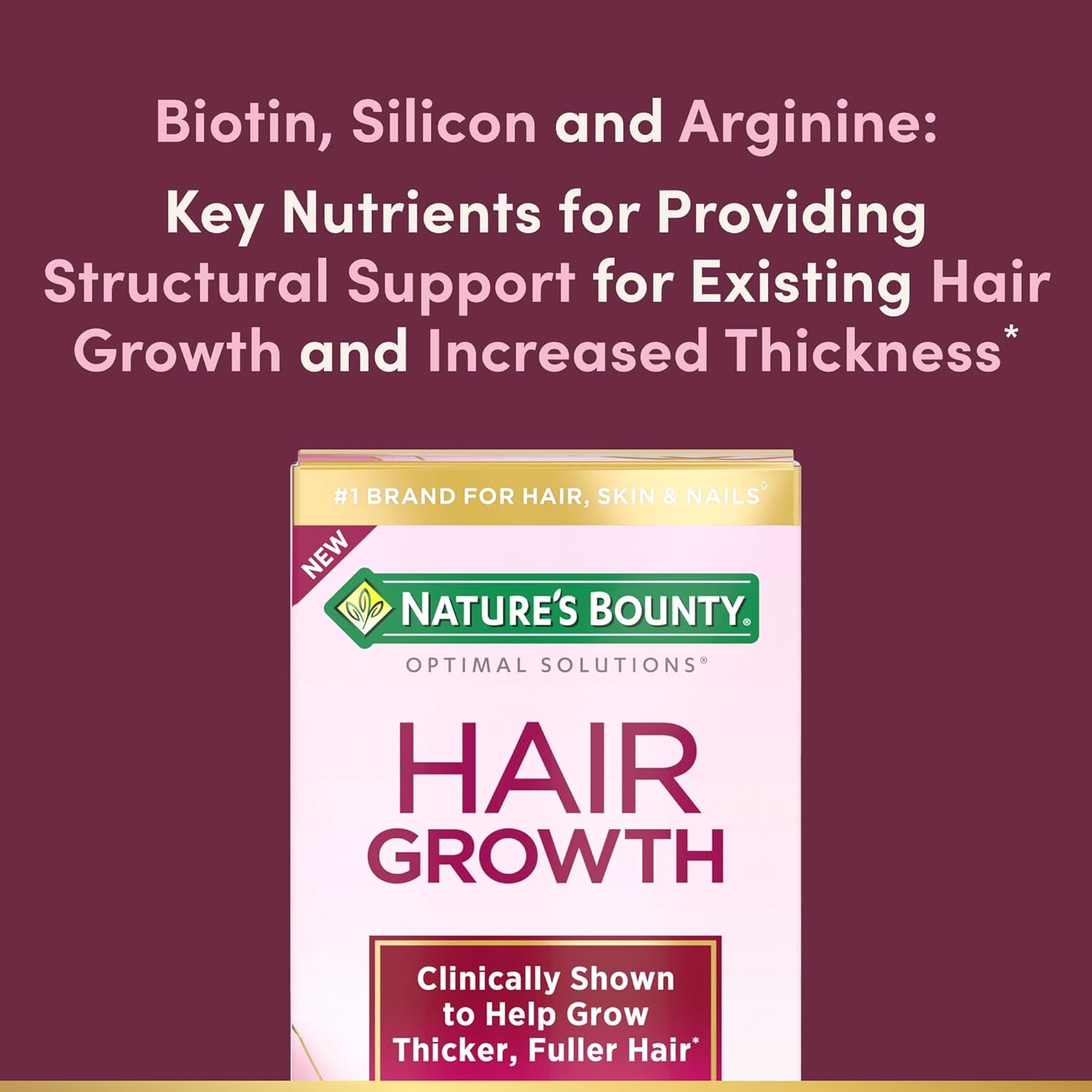 Nature's Bounty Optimal Solutions Hair Growth Supplement with Biotin, Hair Growth Vitamins with Biotin Silicon & Arginine, 1 per Day, 30 Capsules, One Month Supply