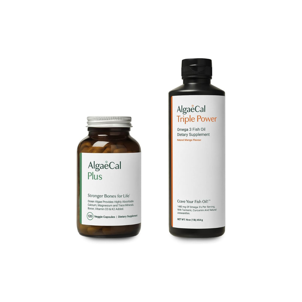 AlgaeCal Bundle - All Natural Calcium Supplement VIT D3 & K2, Magnesium, Boron and Trace Minerals & Triple Power Omega-3 Fish Oil Natural Liquid Emulsion with EPA DHA Curcumin, Astaxanthin