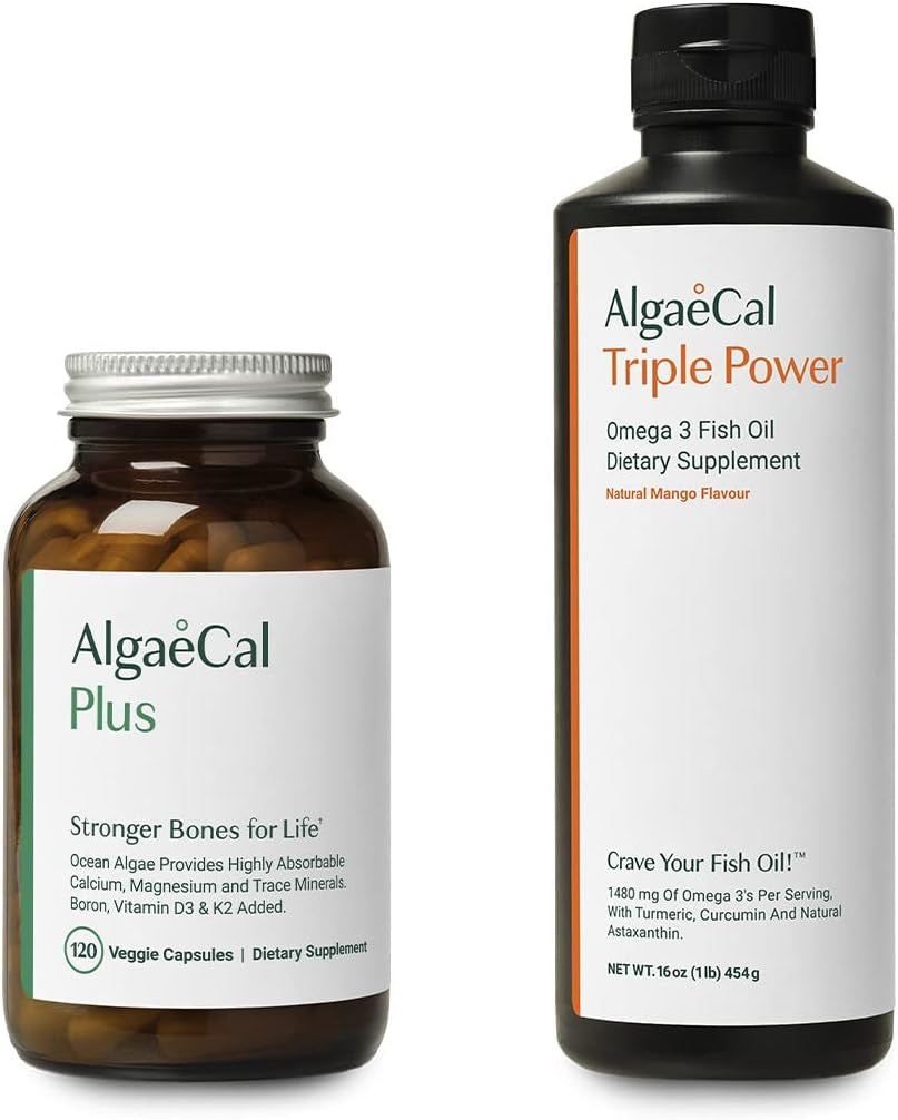 AlgaeCal Bundle - All Natural Calcium Supplement VIT D3 & K2, Magnesium, Boron and Trace Minerals & Triple Power Omega-3 Fish Oil Natural Liquid Emulsion with EPA DHA Curcumin, Astaxanthin