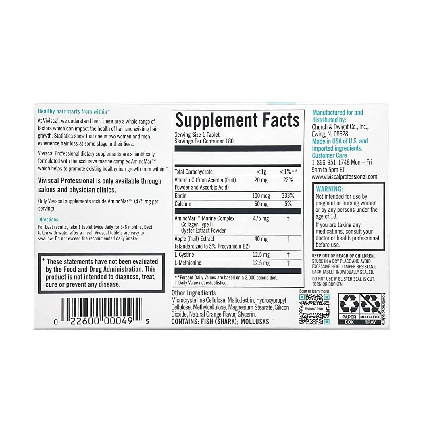 Viviscal Pro Advanced Hair Growth Support Supplement (180 Tablets, Supplement)